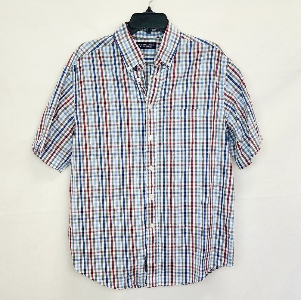 Roundtree & Yorke Men's Red White & Blue Check Collared Short Sleeve Shirt